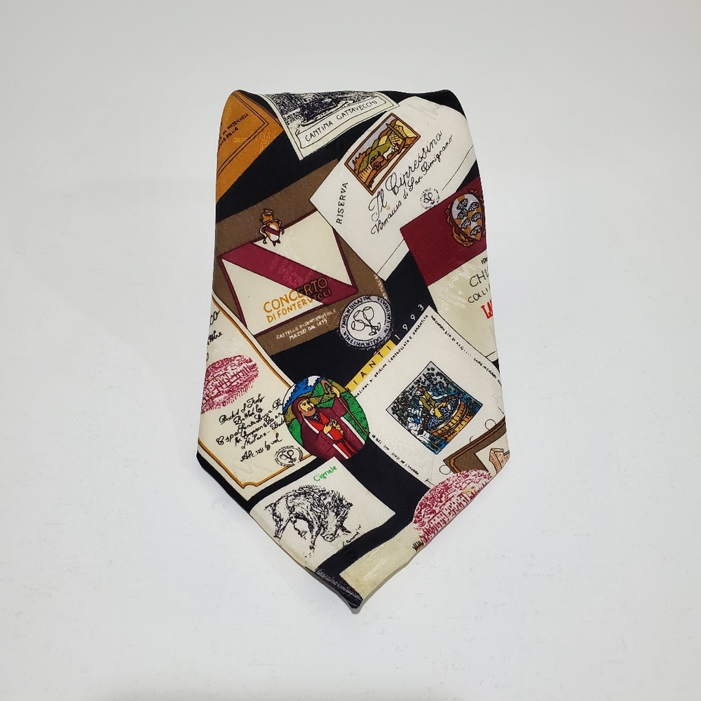 Nicole Miller 1995 Vintage Wine Label Pattern Silk Tie